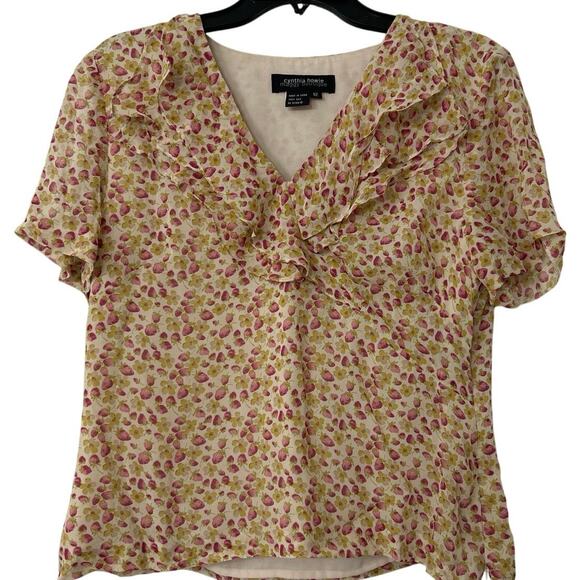 Cynthia Howie Silk Strawberry Novelty Print Ruffle Blouse Whimsical Size 12 - Picture 1 of 10